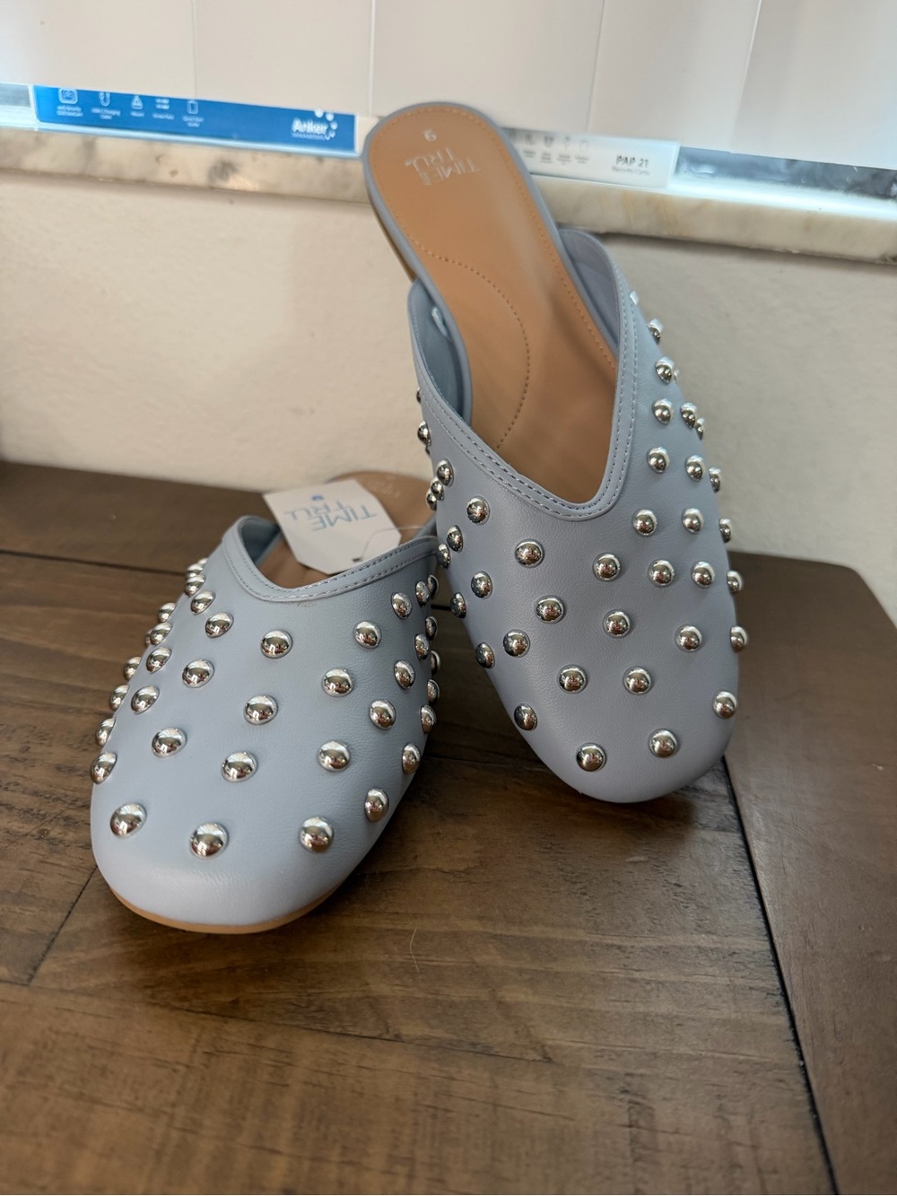 Time and tru blue backless slip in mules silver studded flats new size 9